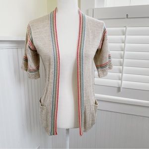 Azure Vintage 1970s Tan & Rainbow Trim Short Sleeve Cardigan Sweater